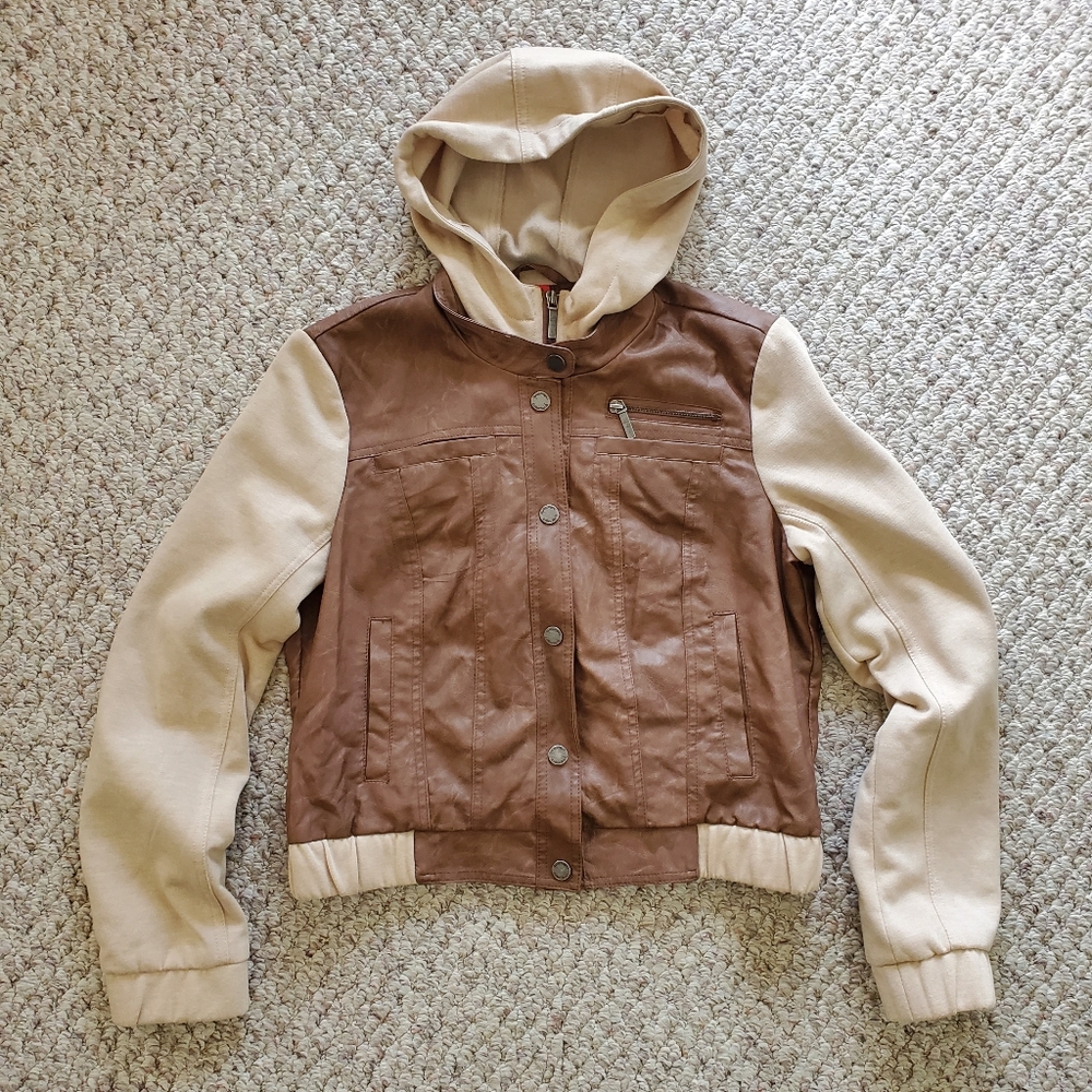 Collection by Bernard Brown Faux Leather w/ Tan Sweatshirt Sleeves & Hood, Large